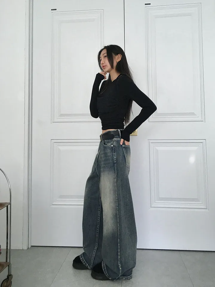 [숏,기본,롱/~XL/핏보장💙*밑단스냅단추 투웨이* 워싱 와이드데님] 헤이브밑단스냅와이드데님 상세 이미지 23