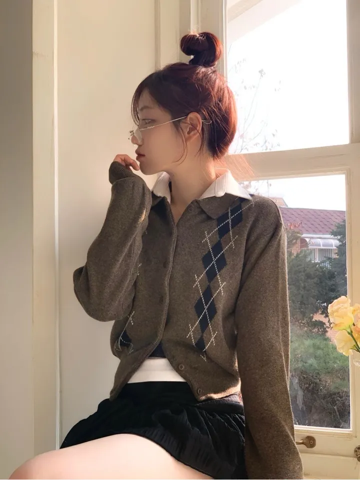[캐시미어가디건ෆ잘록핏]르본 배색 아가일 패턴 잘록 시보리 카라넥 캐시미어 울니트 버튼 가디건 4color 상세 이미지 45