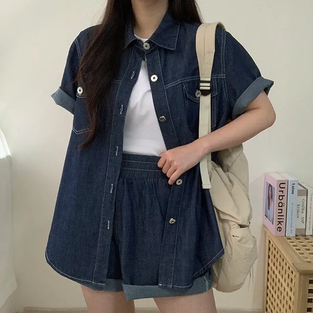 청청 오버핏 생지 데님 반팔 셔츠 남방 & 밴딩 숏 데님 팬츠 SET 상세 이미지 1