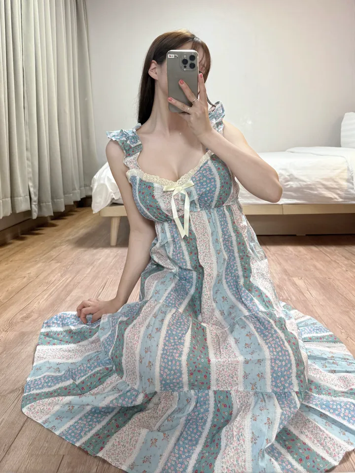 애순이홈웨어🍊🧡 잠옷 파자마 홈웨어 원피스 면 바캉스 롱원피스 공주잠옷 프릴나시원피스 촌캉스 민소매 2color 상세 이미지 8