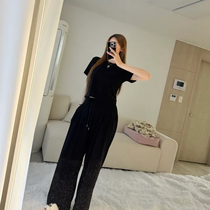 [교복템❕/강추] 테리 타올 크롭 반팔 티셔츠 핀턱 밴딩 와이드팬츠 투피스 트레이닝 세트 상세 이미지 15