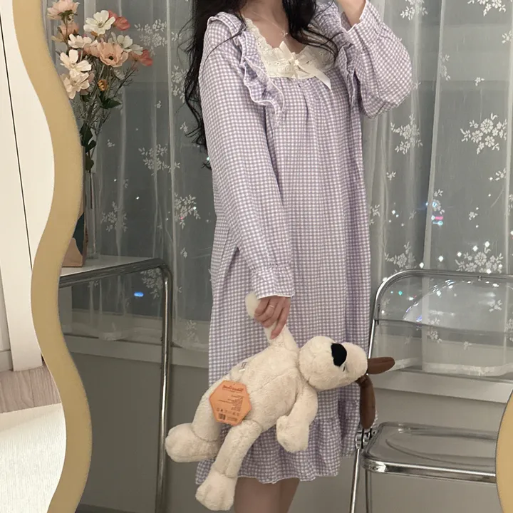 [당일출고/3컬러] 루즈핏 귀여운 스몰 체크 오버핏 긴팔 원피스 파자마 잠옷 상세 이미지 16