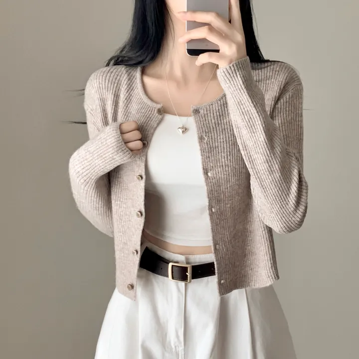 [캐시울/만족도100%] 크렌베리🍇 여리핏 캐시울 아크릴 라운드 골지 크롭 긴팔 가디건 상세 이미지 14