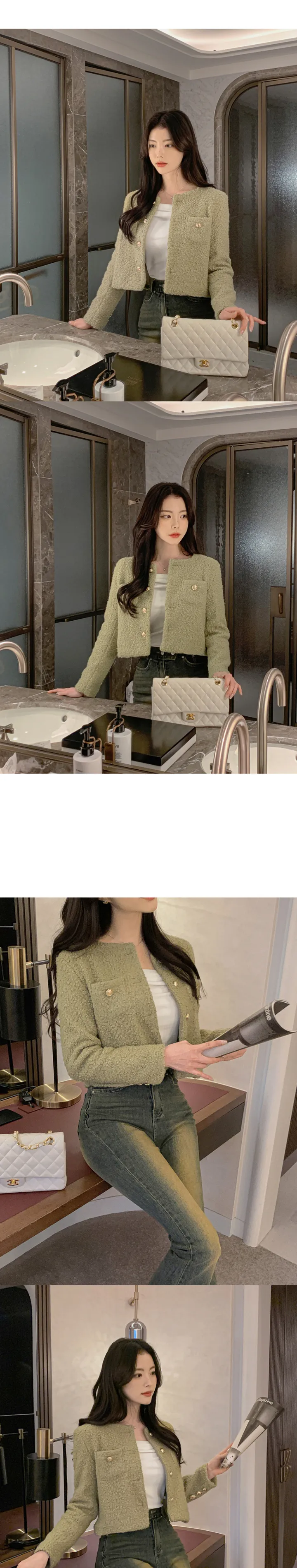 [당일배송🚀/1+1할인/하객룩추천✨/봄까지쭉!] 바이드 노카라 라운드넥 골드버튼 뽀글 세미크롭 베이직 트위드 자켓 상세 이미지 28