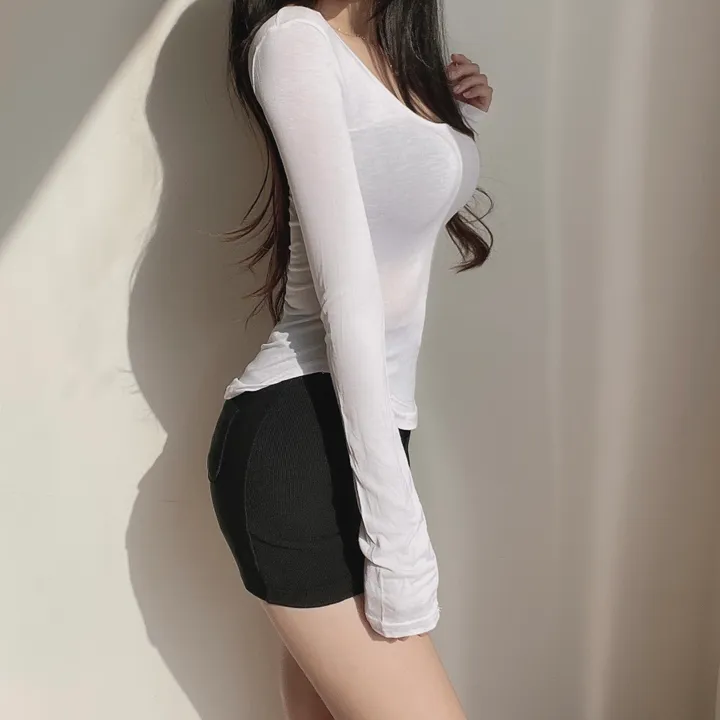 [골반메이커/핫걸] 유라인 스퀘어넥 옆굴림 긴팔 슬림핏 여리 티셔츠 여리반팔 반팔티 굴림티 밑단라운드 상세 이미지 8