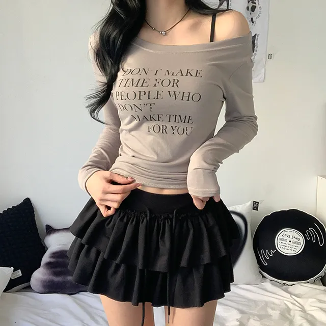 [날씬여리/3col] 해프닝 원숄더 레터링 시스루 긴팔 티셔츠 / 빈티지레터링 / 프린팅티셔츠 / 언발넥 / 오프숄더 / y2k / 트렌디 / 힙무드 / 군살커버 / 여리글램 상세 이미지 19