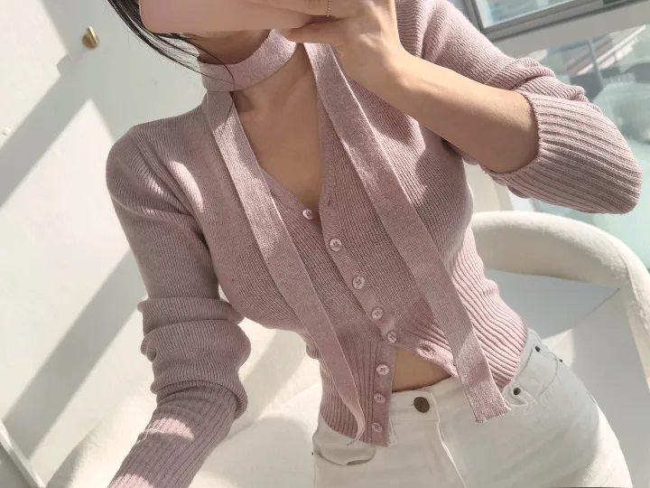 【허리잘록/핏보장-!】 머플러 타이 브이넥 트임 버튼 니트 가디건 블라우스 상세 이미지 7