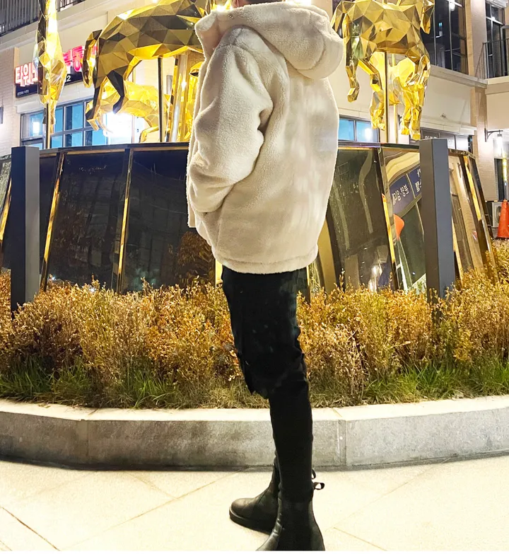 덤블 헤비 양털 패딩 오버핏 투웨이 스트링 후리스 뽀글이 후드 집업 자켓 점퍼 상세 이미지 126
