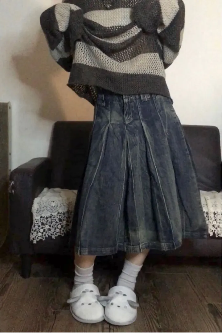 미디 기장 빈티지 워싱 플리츠 데님 스커트 상세 이미지 9