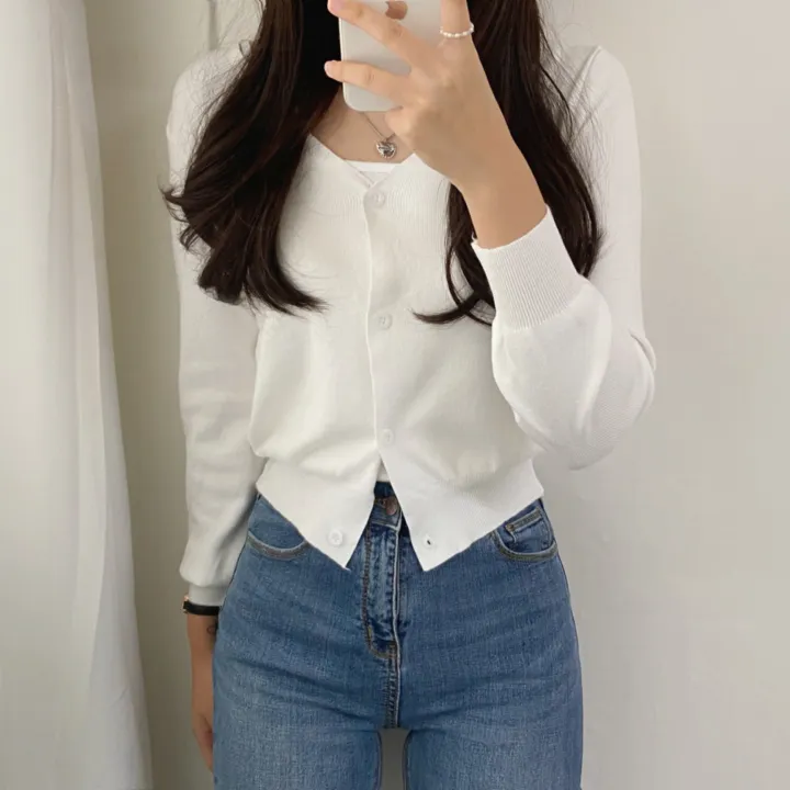(데일리)소프트 기본 긴팔 니트 크롭 브이넥 가디건 5color 상세 이미지 2