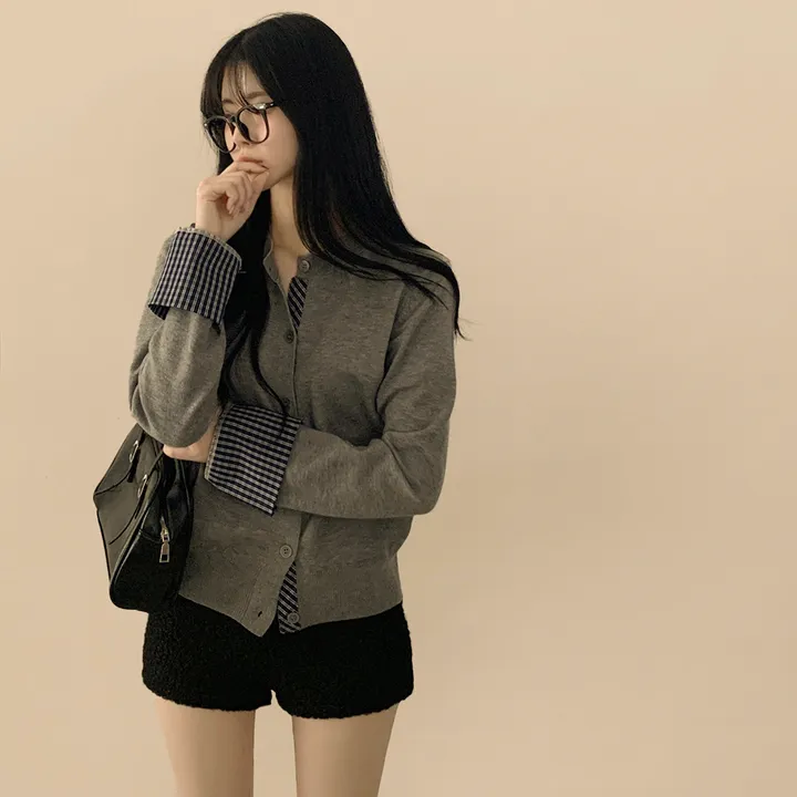 [긱시크룩] 빈티지 롤업 체크셔츠 페이크 레이어드 비스코스 배색 니트가디건 상세 이미지 13