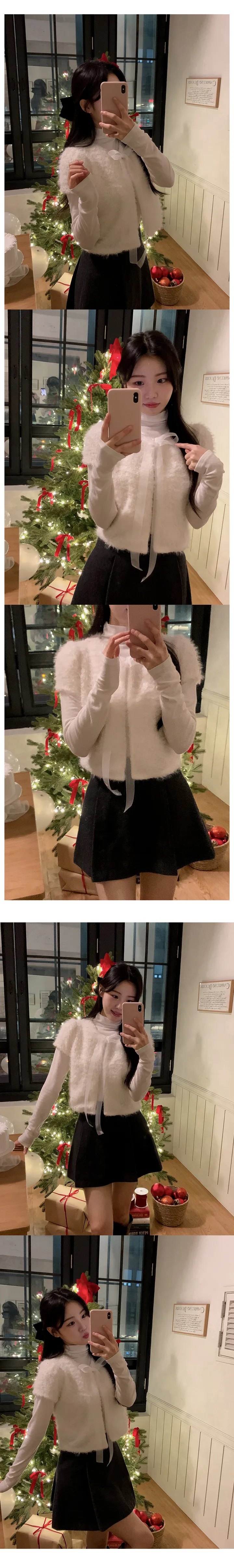 [하객룩][리본탈부착가능][리본 셋트][MADE][자체제작][국내 생산]스노우 시어 쉬폰 리본 퍼 반팔 가디건 (3color) 상세 이미지 14
