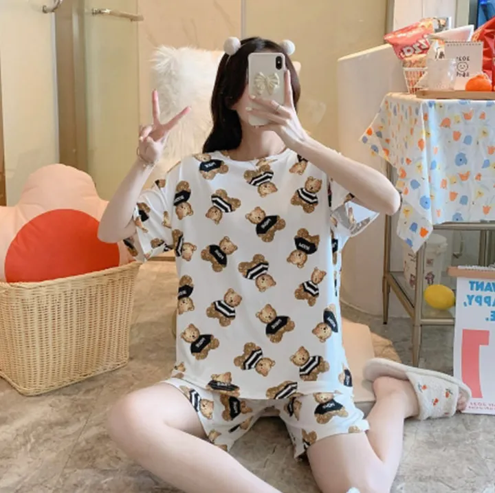 국내 테디베어 꿀잠 반팔잠옷세트 🧸 (러블리 캐릭터 디자인 / 2COLOR / FREE사이즈 44~55 추천 / 한정수량 양말 증정🎁) 상세 이미지 5