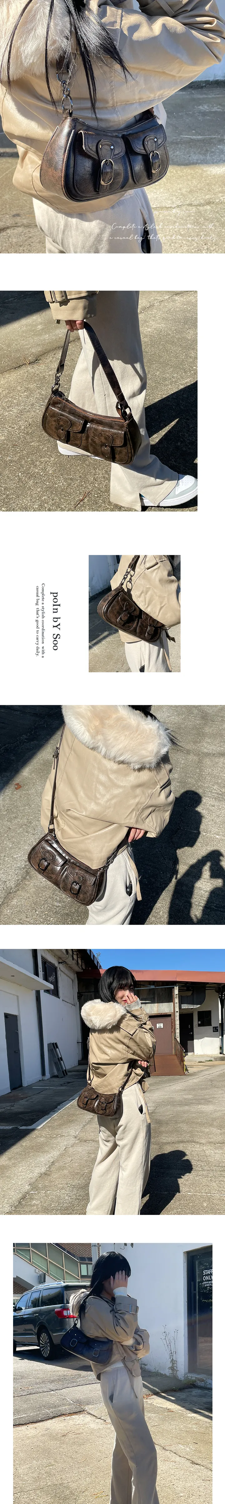 [당일출고/인기🧡] 빈티지 레더 투포켓 비건가죽 바게트 미니 숄더백 크로스백 상세 이미지 8