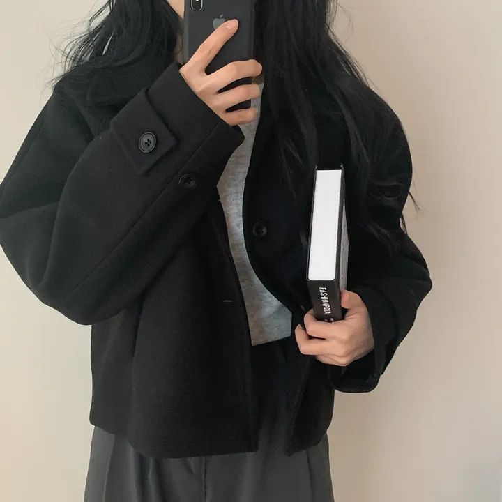 봄가을 크롭재킷 오버핏 아이보리 블랙 싱글버튼 숏코트 상세 이미지 49