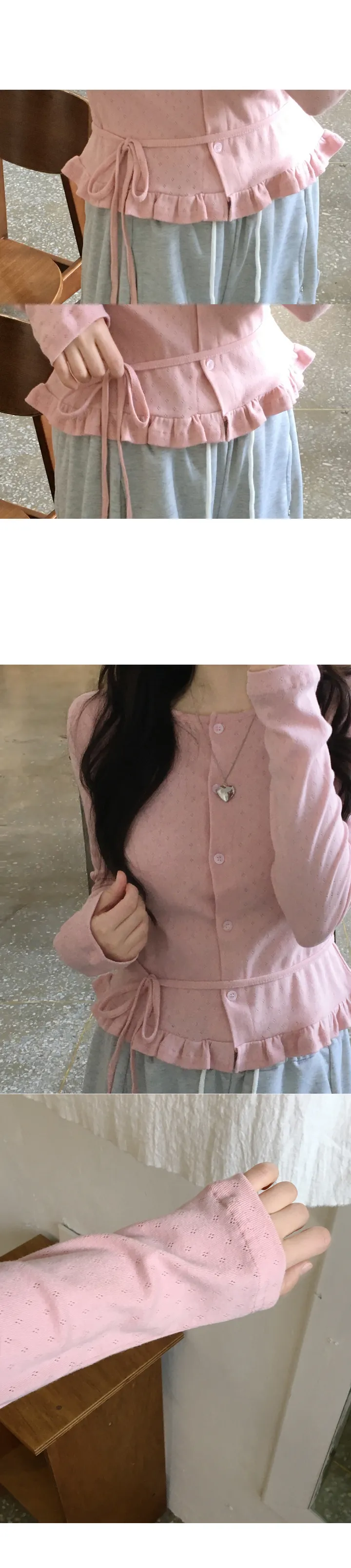 [러블리☘/귀여워요ෆ] 멜로니 펀칭 라운드 프릴 리본 끈 크롭 코튼 긴팔 봄 가디건 (3color) 데이트룩/하객룩/여행룩/봄옷/봄신상/봄코디/아우터 상세 이미지 4