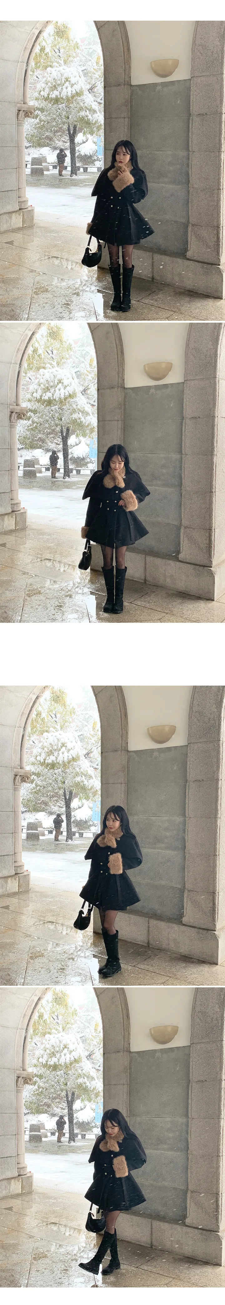[목도리+케이프+코트set] 쓰리피스 하프 코트  포인트 허리벨트 베로아 케이프 퍼 목도리 벨트 플레어  러블리 하객룩 연말룩  데일리룩 상세 이미지 8