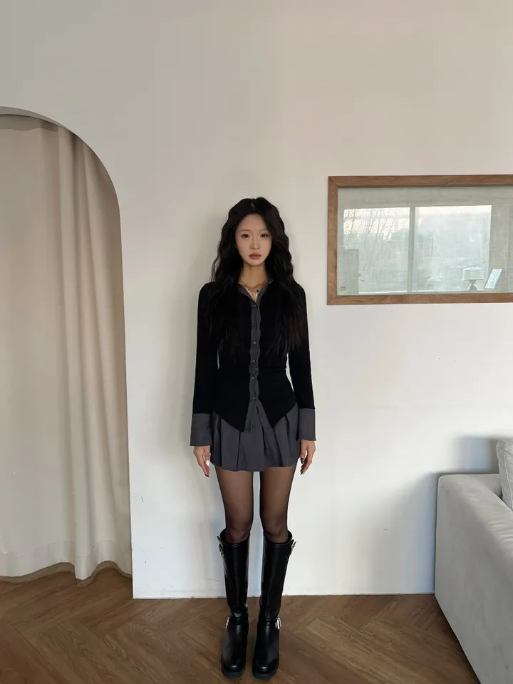[단품/세트] 루루 카라 스판 골지 긴팔 셔츠 & 플레어 니트 스커트 SET (2color) 상세 이미지 24