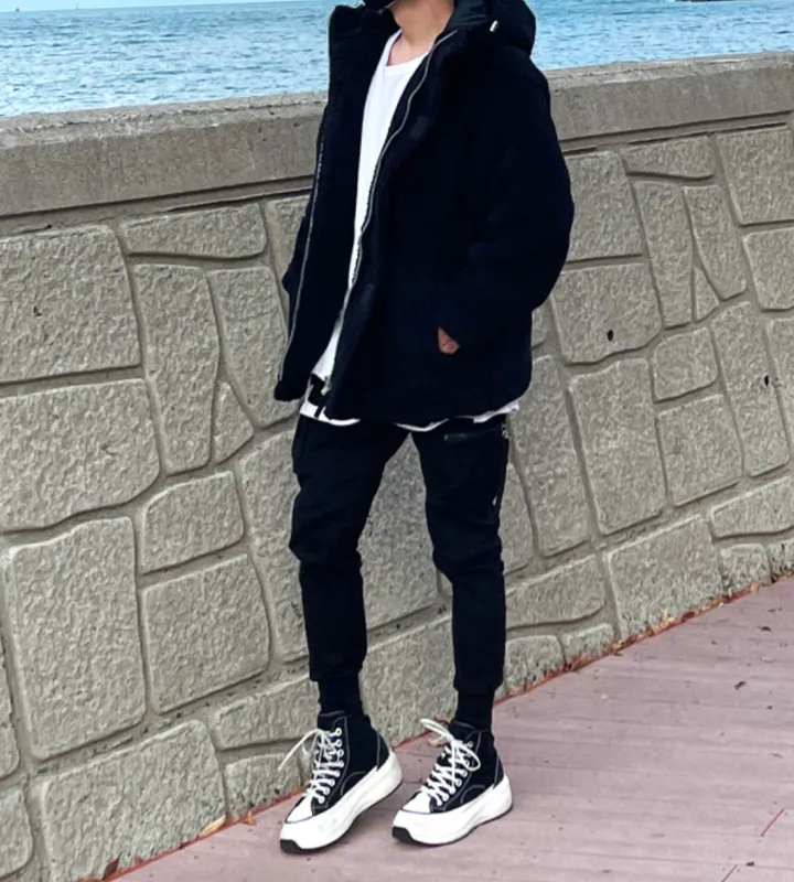 덤블 헤비 양털 패딩 오버핏 투웨이 스트링 후리스 뽀글이 후드 집업 자켓 점퍼 상세 이미지 79