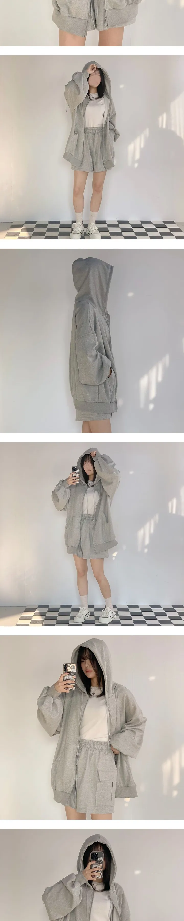 봄신상 🌸 오버핏 후드집업 + 카고 반바지 세트 - set 상세 이미지 12
