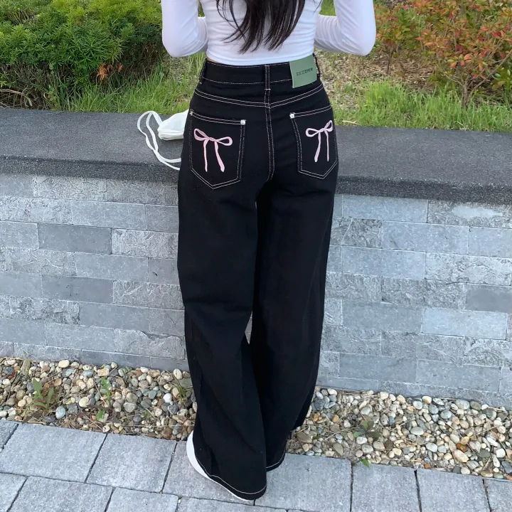 Made![리본포인트🎀/깔끔핏] 핑크 스티치 리본 자수 하이웨스트 와이드팬츠 스트레이트핏 데님 롱팬츠 자체제작 상세 이미지 9
