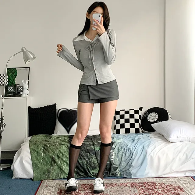 [일체형/모던룩/2col] 신디 일체형 슬림핏 레이어드 셔츠 가디건 / 카라넥 / 리본가디건 / 레이어드티셔츠 / 페이크셔츠 / 긱시크 / 브이넥 / 셔츠니트 / 코디완성 / 강추 상세 이미지 30