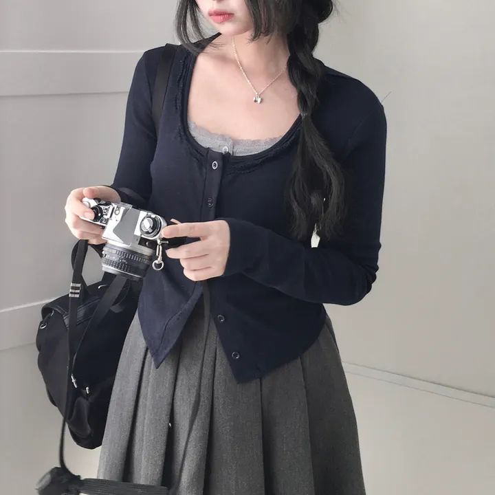 [러블리/레이스🖤/슬림핏] 라운드 스퀘어 레이스 골지 가디건 상세 이미지 12