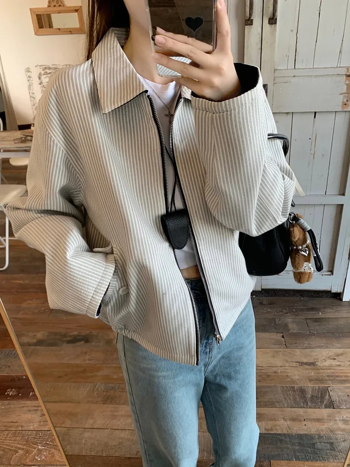 [봄신상💗/휘뚜루템]마브 리버시블 스트라이프 카라넥 집업 점퍼 자켓 상세 이미지 5