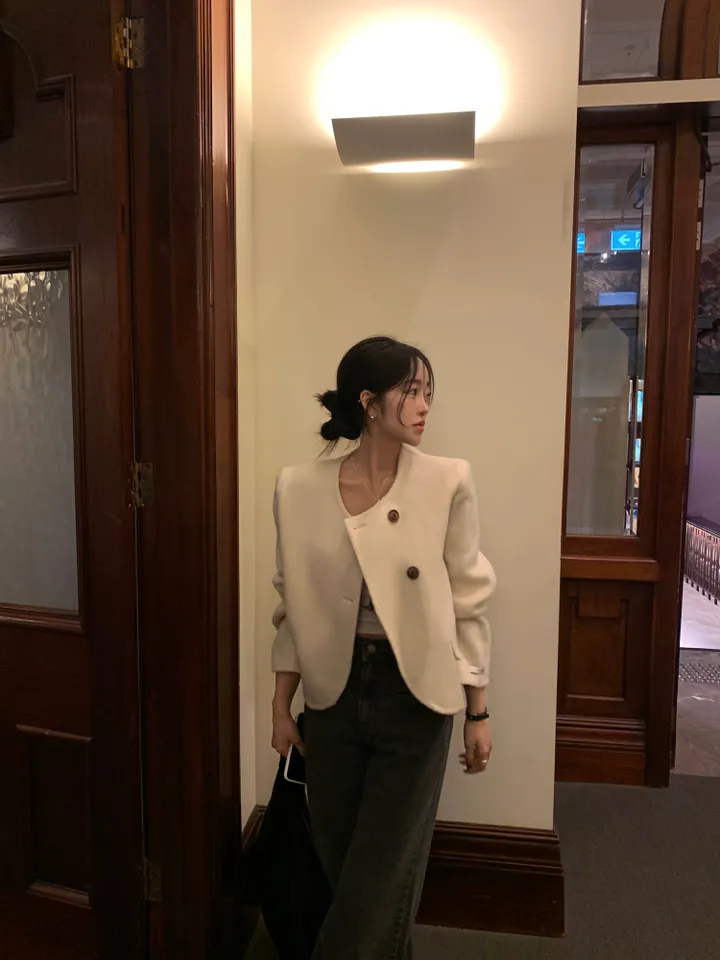 [*핸드메이드/울78%] 부드러운 투버튼 노카라 울/모 크롭 가을 코트 자켓-2col 상세 이미지 3