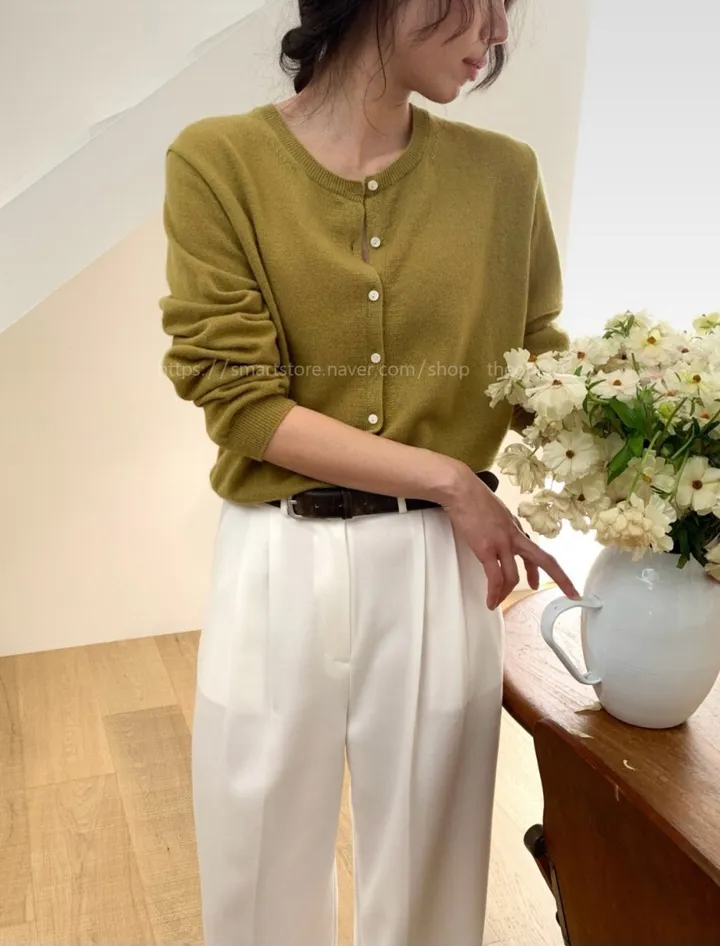 [레드당일] 데일리 라운드 캐시가디건 베이직 기본 니트 자개단추 봄 간절기 올리브 연핑크(5color) 상세 이미지 3