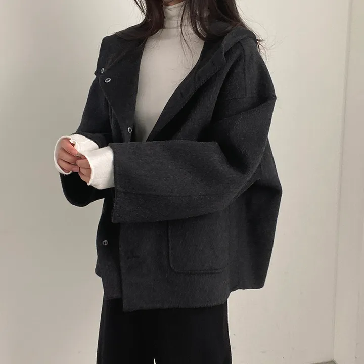 (껴입어도 넉넉한 사이즈) 오버핏 울 핸드메이드 후드 하프코트 상세 이미지 29