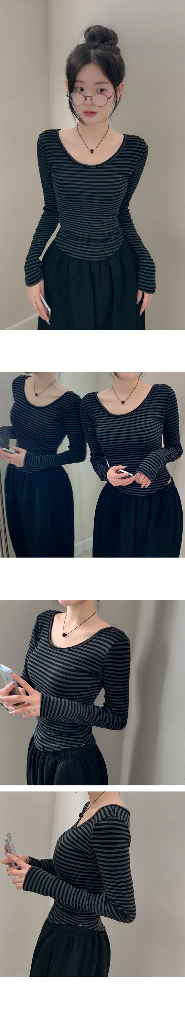 허리쏙라인 [힙섹시🖤] 쇄골 여리 힙 스트라이프 굴림 단가라 긴소매 긴팔티 슬림핏 잘록 상세 이미지 10