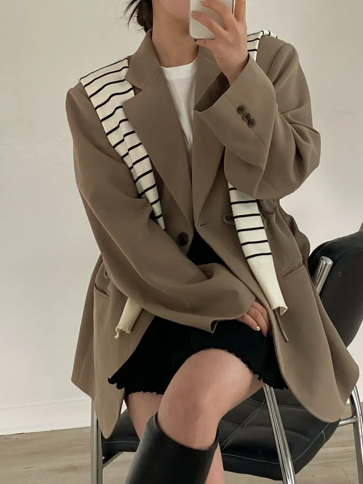 [25ss봄재진행🌷/44-99] 원버튼 오버핏 스트링 자켓 (3colors) / (대디자켓 박시자켓 빅사이즈자켓 봄자켓 허리스트링 패드자켓 오버자켓 보이핏자켓 ) 상세 이미지 7
