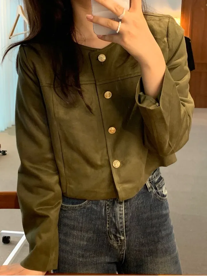 [주문폭주🐱‍🏍3color/가을신상🍂] 노이드 노카라 금장로고 스웨이드 자켓 올드머니룩 페미닌룩 어깨패드 상세 이미지 28
