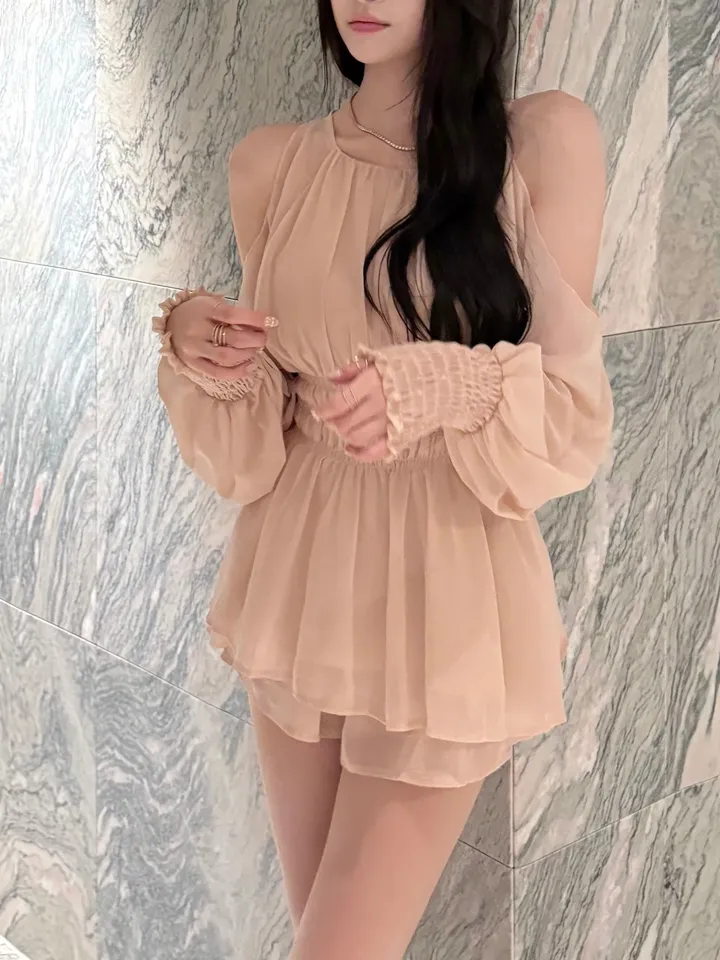 [요정템🧚] 물복숭아 쉬폰 플로럴 어깨트임 3단 코르셋 리본끈 투피스 세트 상세 이미지 22