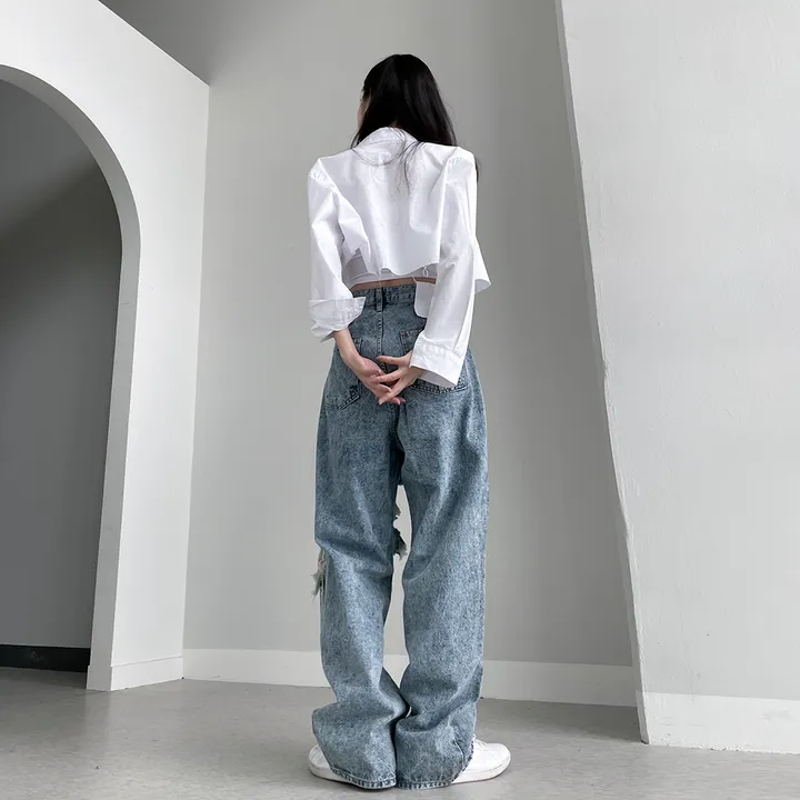 [비조단추] 스톤 워싱 디스트로이 데님 팬츠 상세 이미지 13