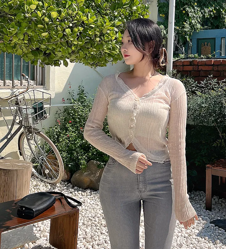 [가디건 SET] 재인 오트밀 크롭 탑 레이스 시스루 투피스 세트 상세 이미지 4