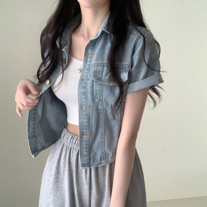 여름자켓종결🖤[데일리템!] 라이킷 라이드 투포켓 크롭 반팔 데님 셔츠 남방 청자켓 긴팔버전 추가 간절기 데님 아우터 상세 이미지 12