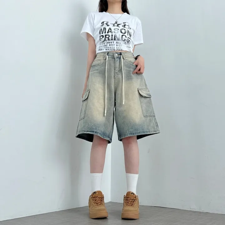 1+1할인 [인생핏/사이즈조절] Y2K 빈티지 워싱 스트랩 카고 와이드 버뮤다 데님 반바지 팬츠 상세 이미지 9