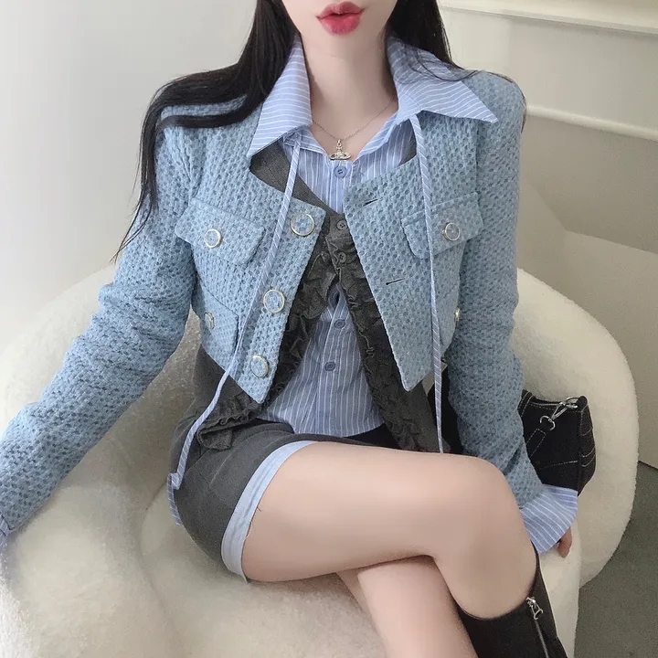 [3COLOR/셔츠일체형] 유닛 스트라이프 셔츠&프릴가디건 레이어드세트/버닝블루 상세 이미지 10