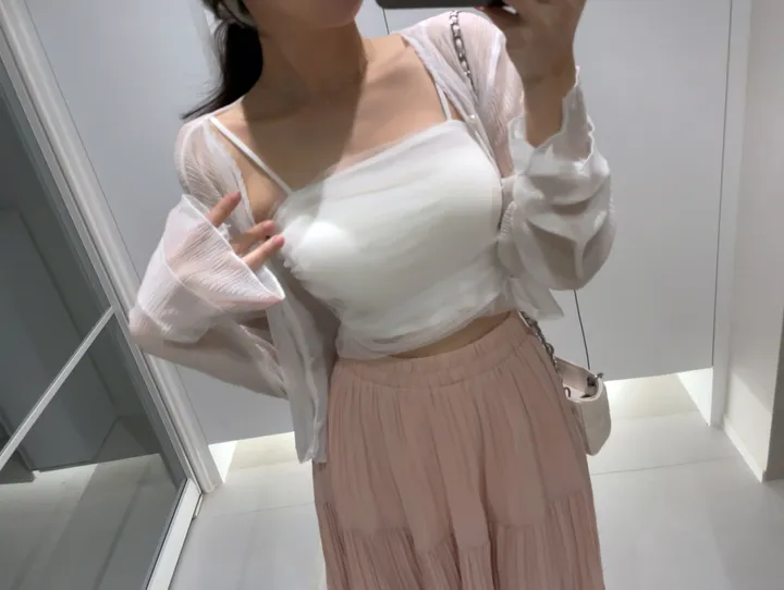[청순여리핏💖/최저가] 체형커버 봄 여름 쉬폰 셔링 망사 끈나시 탑 + 진주단추 시스루 플리츠 요루 크롭 루루 가디건 세트 슬림핏가디건 여름나시가디건세트 상세 이미지 7