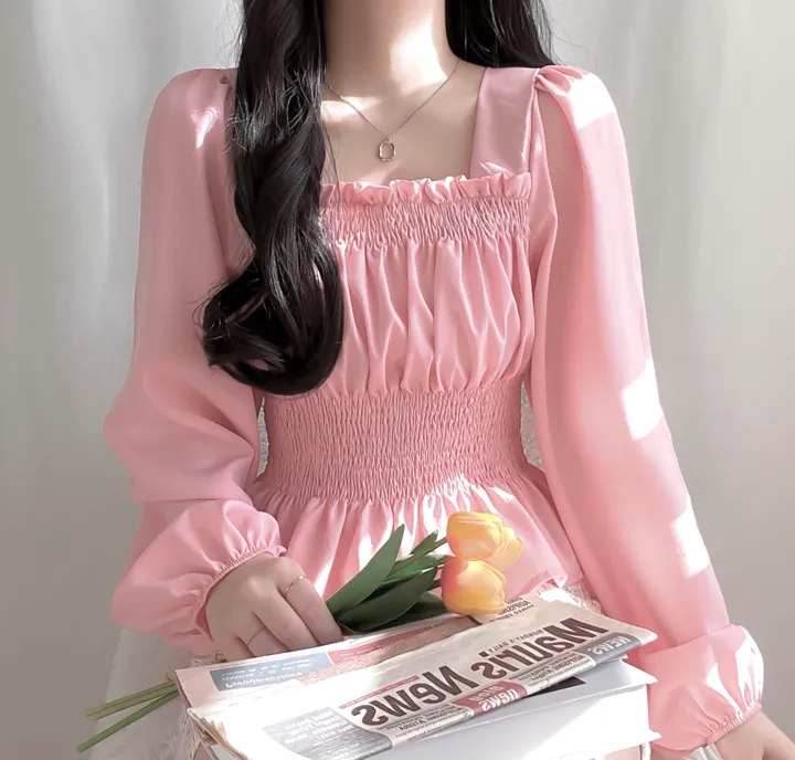 [체형보정/살랑쉬폰] 샤인 스퀘어넥 프릴 셔링 스모크 밴딩 퍼프 블라우스 상세 이미지 21