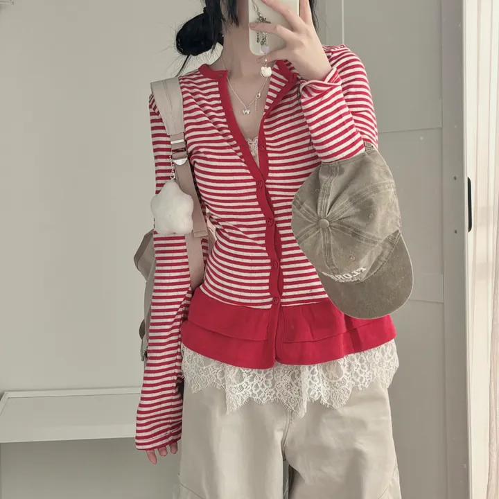 [하트단추🖤/스카시 펀칭] 말라핏 스트라이프 프릴 가디건 상세 이미지 42
