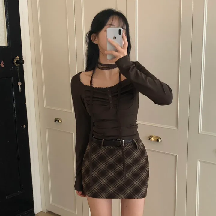 [저렴이X초커세트!핏보장🤎]셔링 스퀘어넥 콩단추 스판 긴팔티셔츠 4color 상세 이미지 13