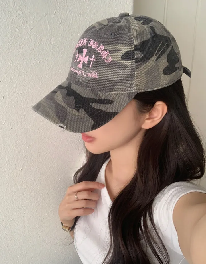 [얼굴소멸] 카모 레터링 볼캡 3color / 빈티지 데미지 워싱 밀리터리 십자가 자수 캡 모자 상세 이미지 14