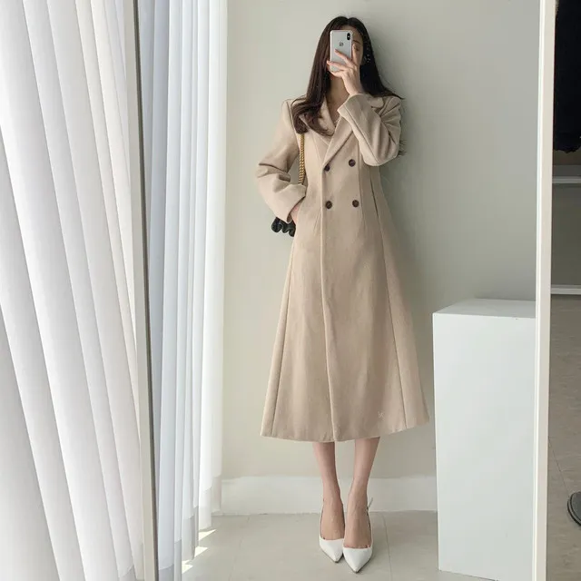 A라인 슬림 롱 플레어 더블 버튼 울코트 블랙 베이지 상세 이미지 38