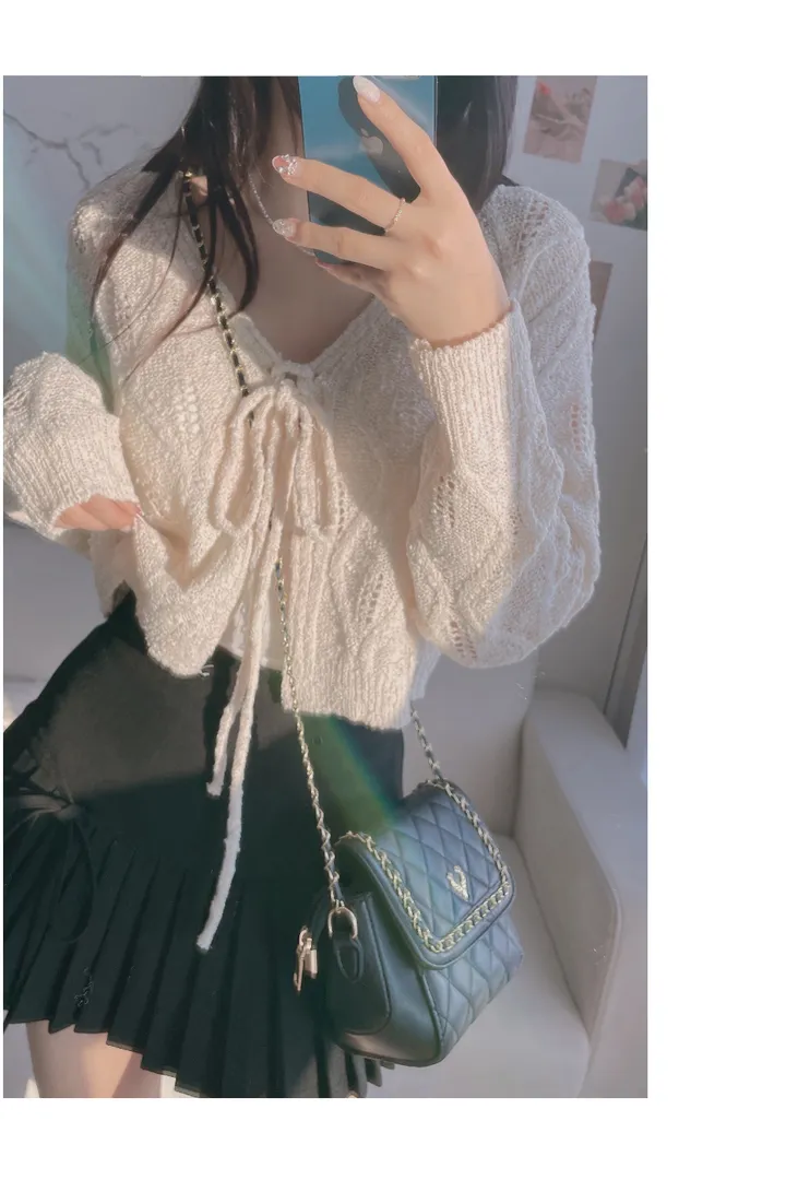 [주문폭주🤍/그물템💕/끈제거가능!] 베일리 그물 니트 리본 가디건 상세 이미지 3