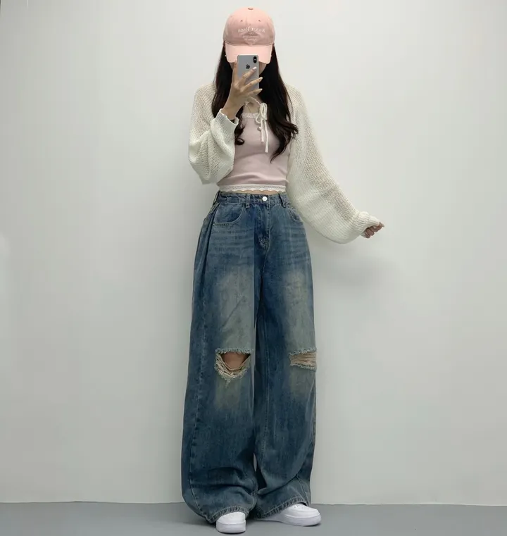 당일🚀[숏,롱/~XL/찐인생바지] 슬릿 찢청 폴딩 빈티지워싱 벌룬핏 옆핀턱 와이드팬츠 무릎트임 데님 청바지 기장선택 빅사이즈까지 오버핏팬츠 여름청바지 상세 이미지 25