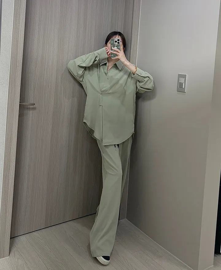 [최저가/부분당일발송🚚]빅사이즈 루즈핏 패치 남방셔츠 스트링 슬랙스 와이드팬츠 투피스세트/44-88/빅사이즈/찰랑/시원한소재/여름신상/뒷밴딩/여름하객룩/휴양지룩/바캉스룩/투웨이 상세 이미지 8
