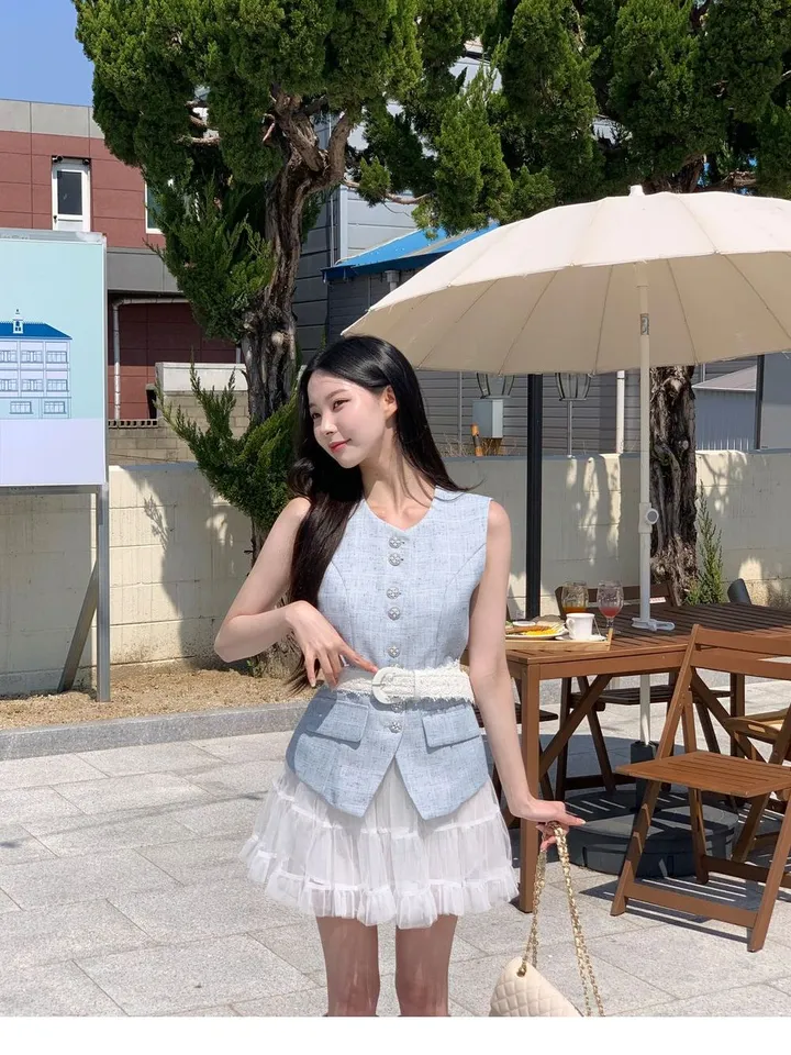 [S/S🌹] 하늘 트위드 세트 / 투피스 트위드자켓 반팔자켓 캉캉치마 치마바지 트위드탑 트위드원피스 샤틴스커트 여름치마 샤스커트 수입의류 뷔스티에 조끼 트위드나시 쓰리피스 여행 상세 이미지 13